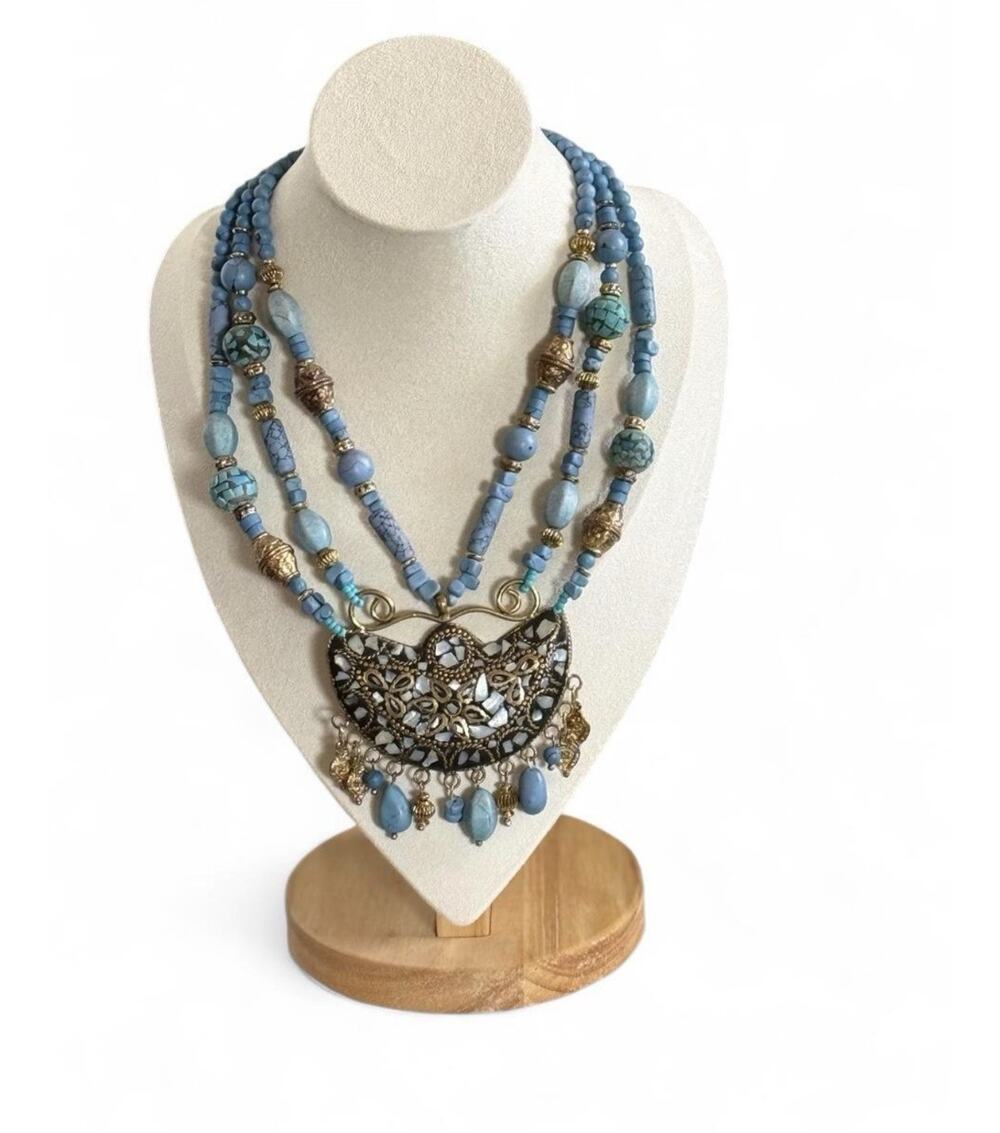 Chico's Blue Multi Strand Statement Necklace Filigree Pendant Beaded Bib Gold To